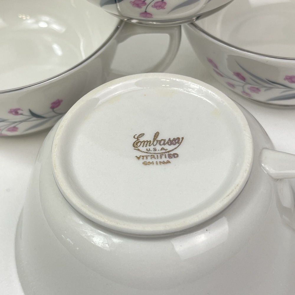 Embassy USA China Tru Tone Footed Tea Cups Pink‎ Flowers Gray Platinum Rim - Picture 12 of 12